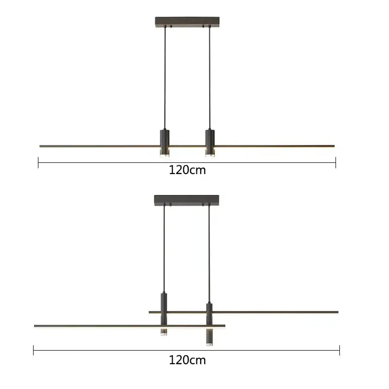 Modern black gold led chandelier with two horizontal bars and cylindrical fixtures for gold led dining decorbites black gold