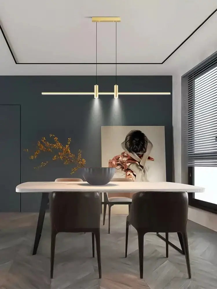 Modern black gold led chandelier with gold-toned linear cylindrical fixtures for dining room pendant light decorbites black gold
