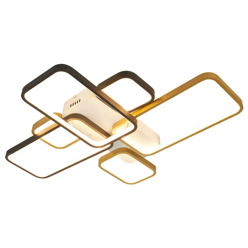 Modern led chandelier with intersecting black and gold rectangular panels emitting warm dimmable living room lighting