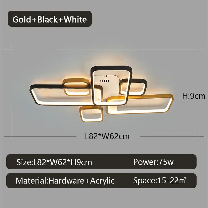Modern led chandelier with geometric gold black and white hardware and acrylic for living room dimmable lighting