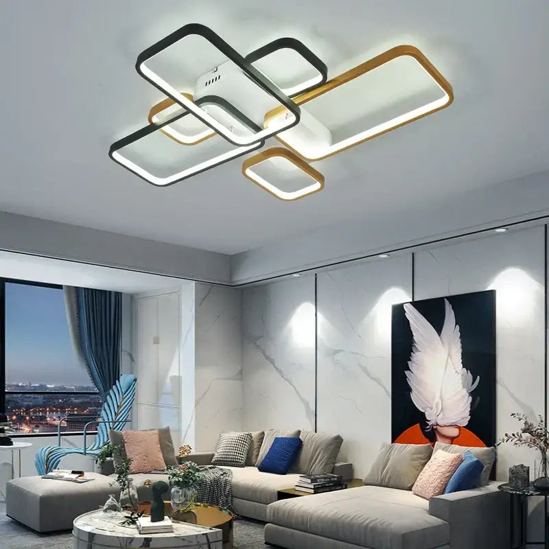 Modern led chandelier with black white and gold frame accents featuring dimmable lighting for living room use