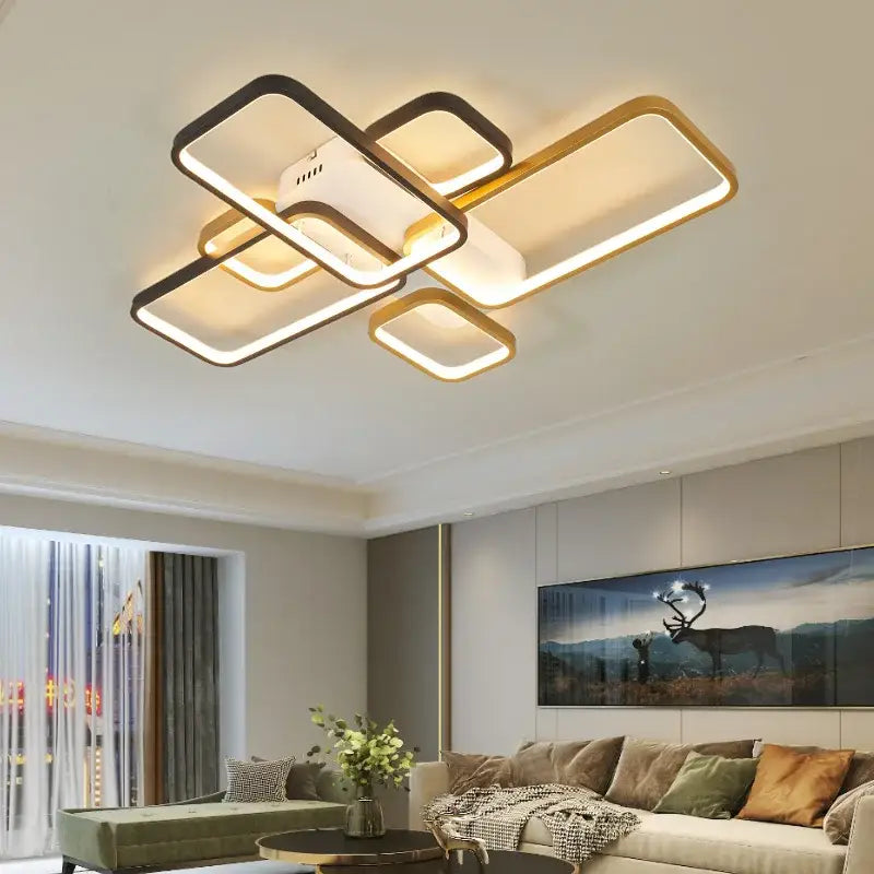 Modern led chandelier with a sleek black and gold rectangular frame for dimmable living room lighting
