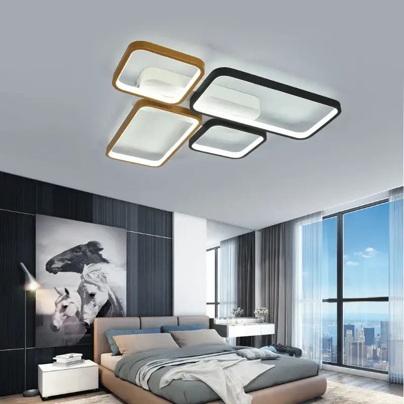 Modern black and gold led chandelier with rectangular frames and bright white led panels for living room lighting