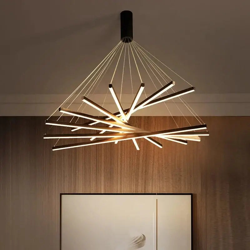 Modern black and gold led chandelier with geometric led light bars for staircase living room decorbites black stair design