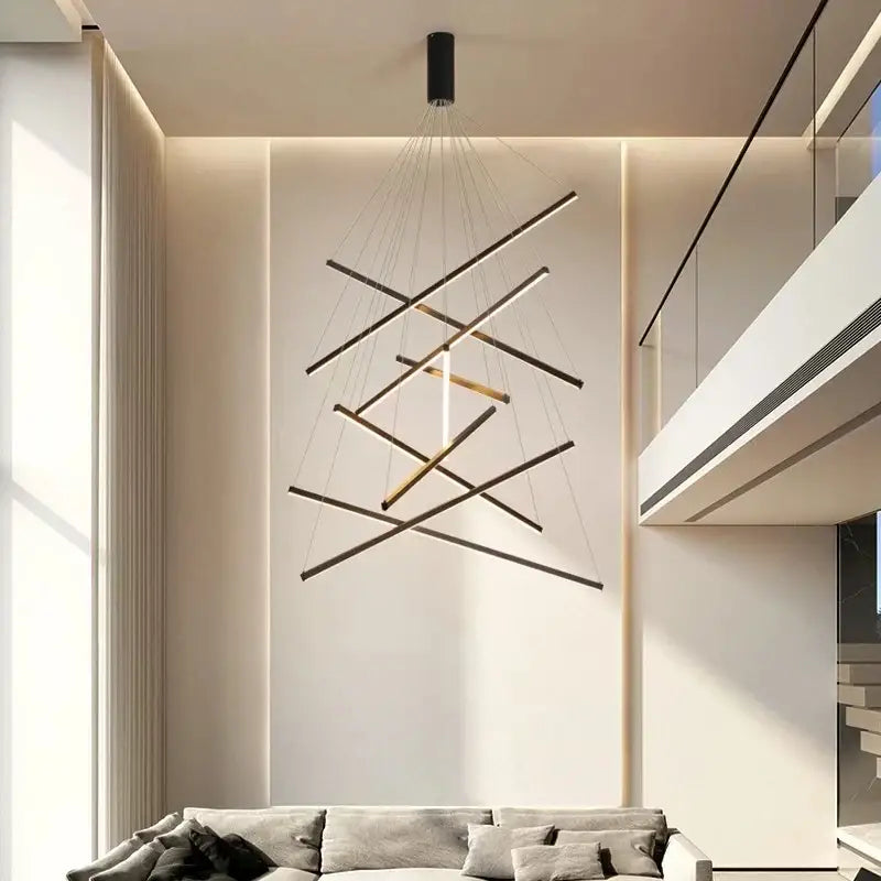 Modern black and gold led chandelier with intersecting rods for staircase living room decorbites black stair led design