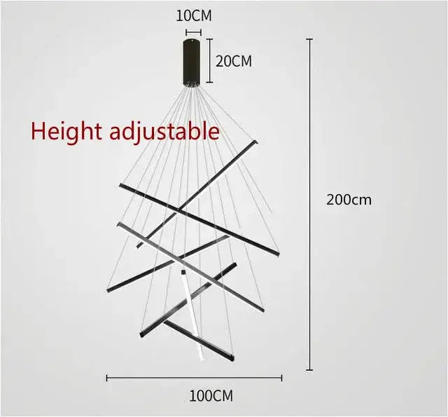 Modern black and white height-adjustable led chandelier with intersecting rods for decorbites black stair lighting