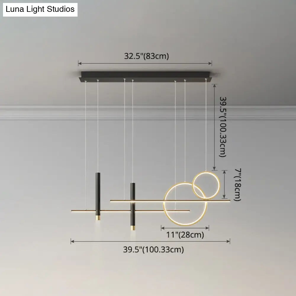 Modern black and gold metal dinner suspension lamp with intersecting rings and vertical bars led island pendant