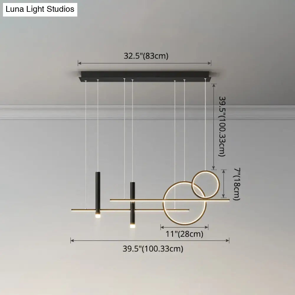 Modern black and gold metal dinner suspension lamp with intersecting circles and vertical bars led island pendant