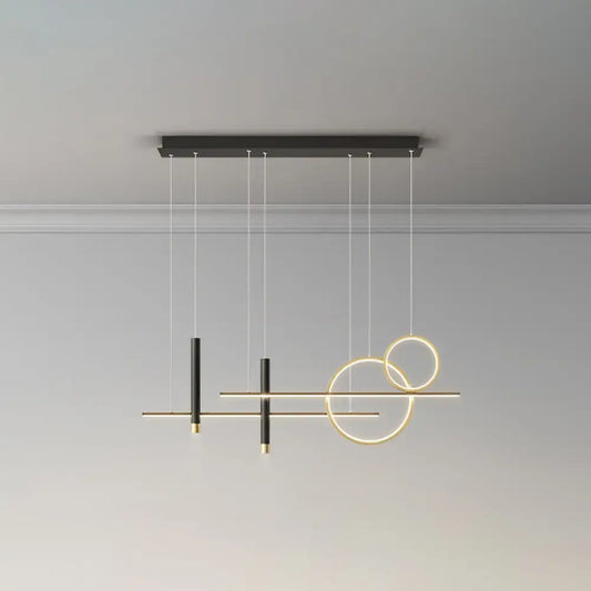 Modern black and gold geometric metal dinner suspension lamp with intersecting circles and led island pendant design