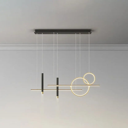 Modern black and gold metal dinner suspension lamp with geometric intersecting circles and led island pendant design