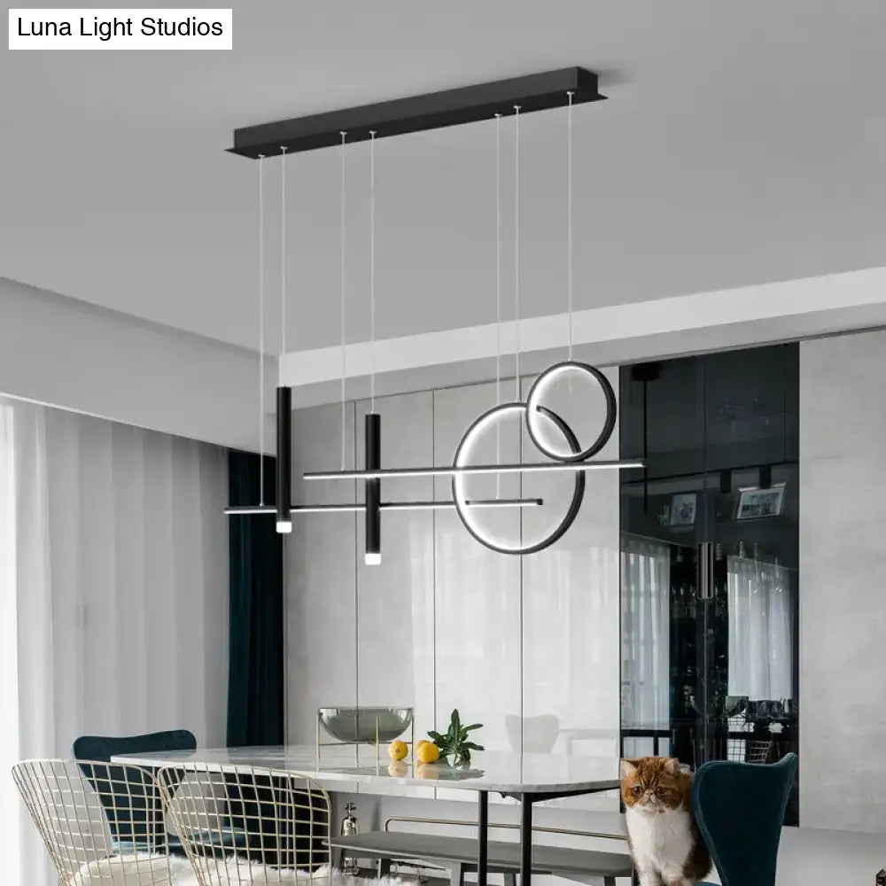 Modern black minimalist metal dinner suspension lamp with sleek circular and linear design featuring led island pendant