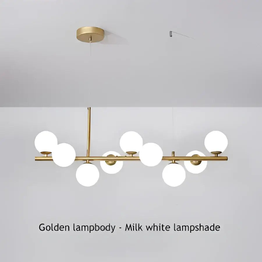 Modern black and gold led pendant chandelier with milk white spherical lampshades and polished brass frame for living room