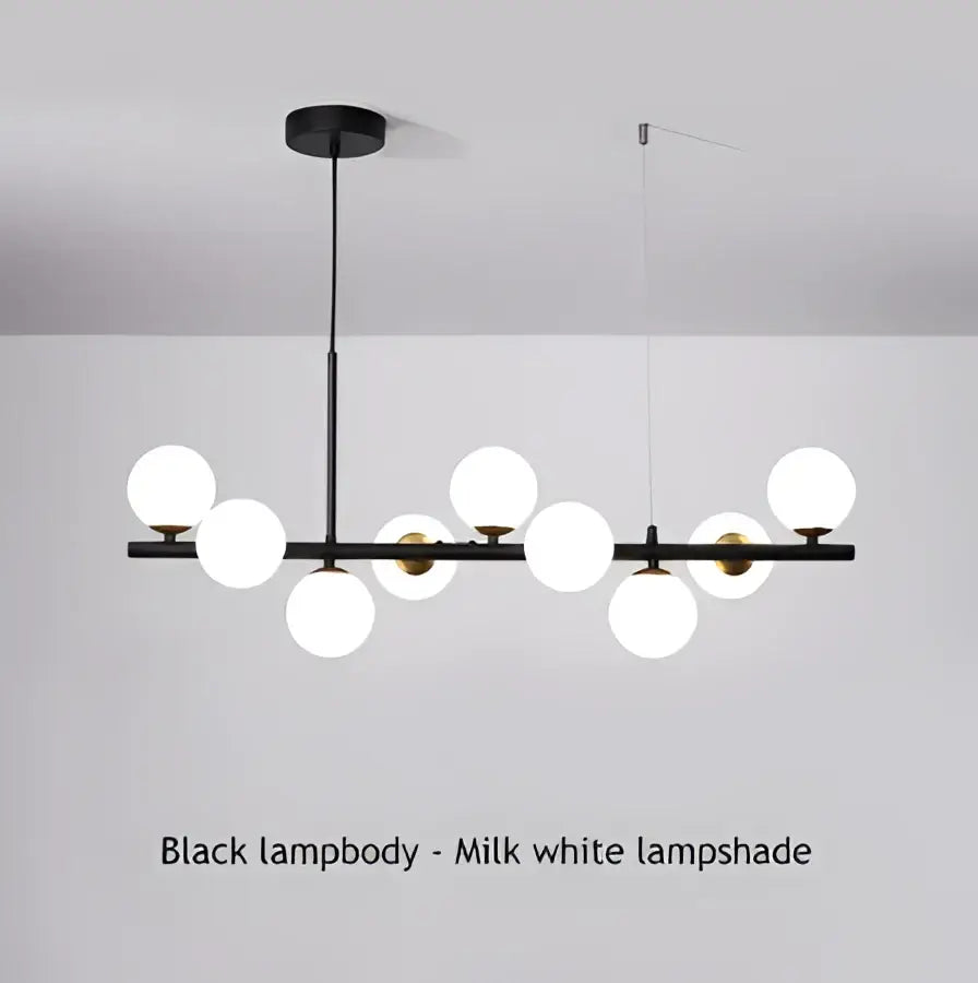 Modern black and gold led pendant chandelier with black metal frame and milk white glass shades for living room lighting