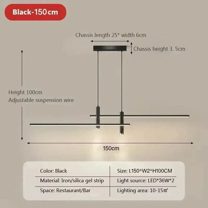 Modern black and gold led pendant light 150cm with iron and silica gel strip construction for minimalist dining room