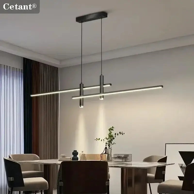 Modern black and gold led pendant light with two horizontal led bars in matte finish for minimalist dining room design