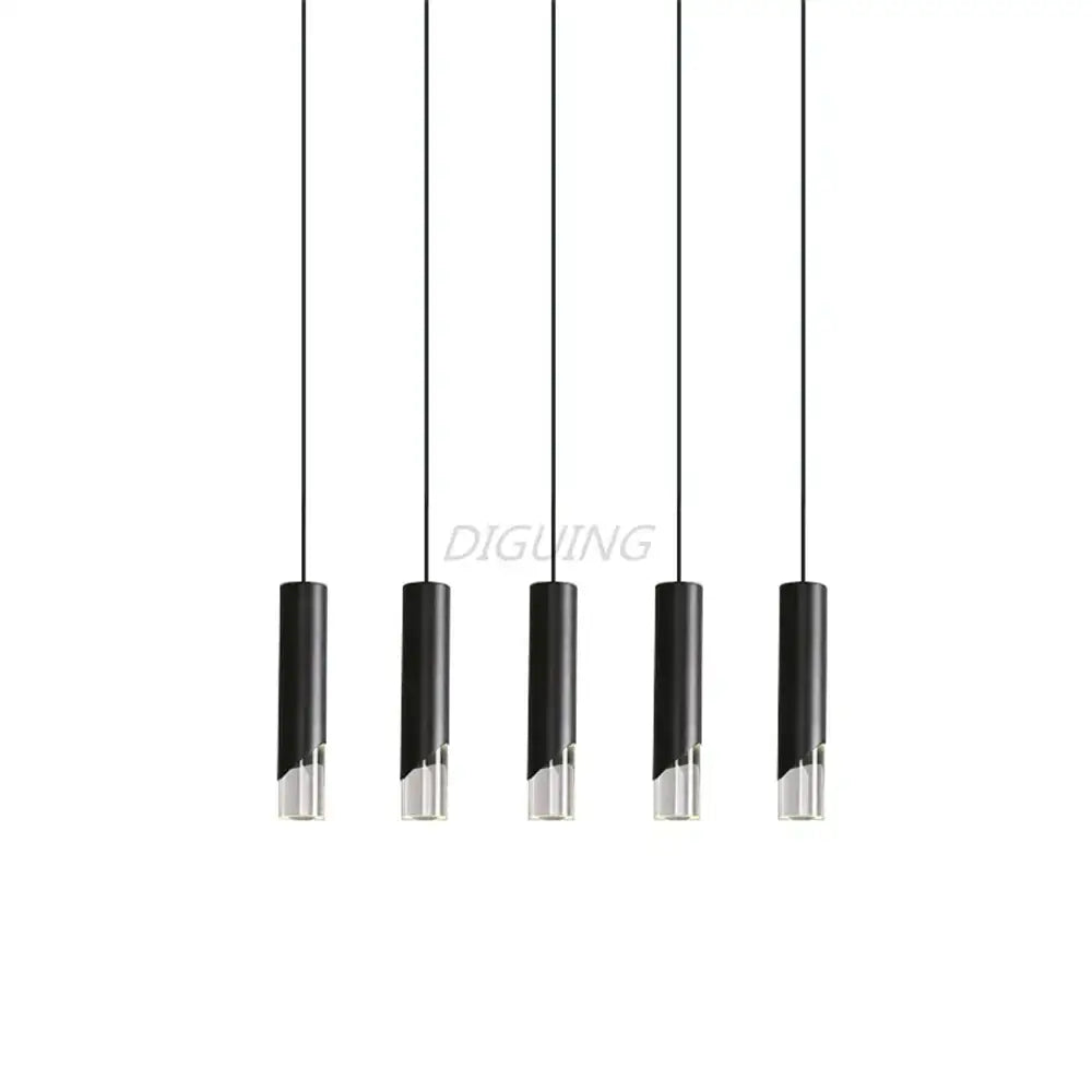 Set of five modern black led pendant lights with clear glass accents made of high-quality die-cast aluminum
