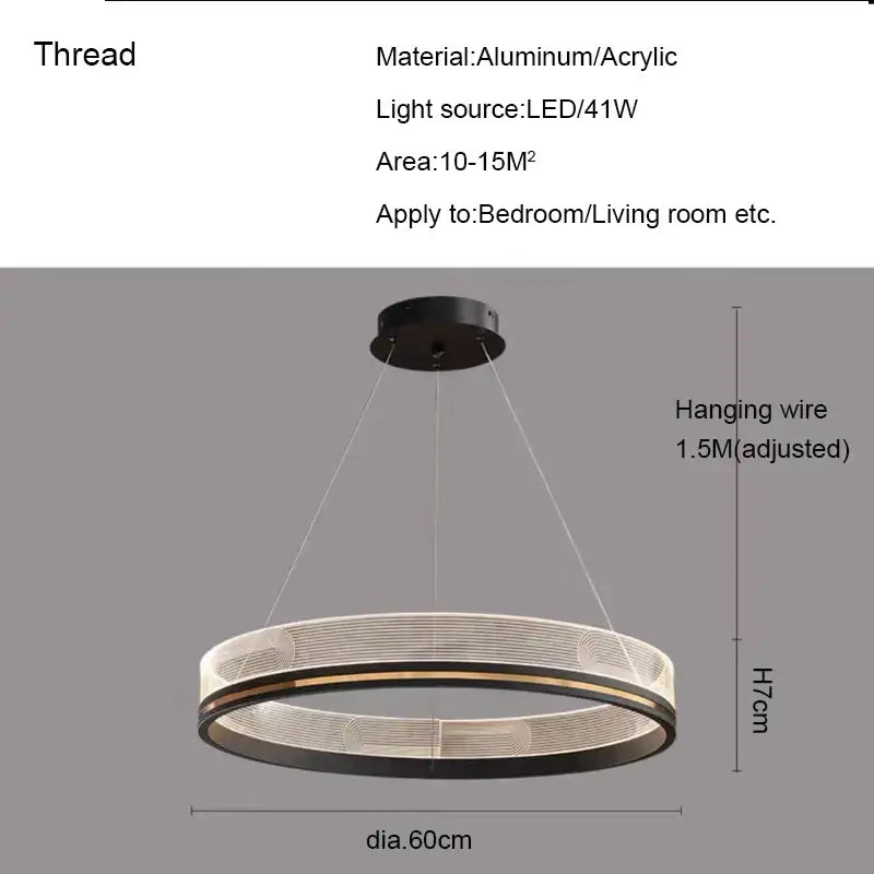 Modern black gold led pendant light with sleek circular aluminum and acrylic ring design for dining room use