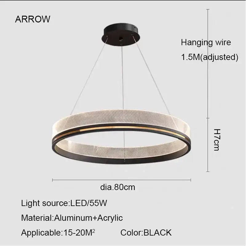 Black circular led pendant light with textured aluminum and acrylic ring in modern black gold led dining room design