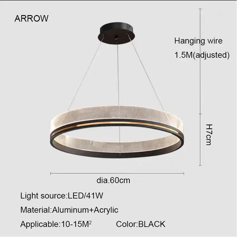 Modern black gold led pendant light featuring a black circular chandelier with sleek aluminum and acrylic textured ring design