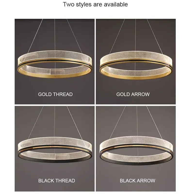 Modern black and gold led pendant light with circular mesh design in gold thread gold arrow black thread and black arrow patterns