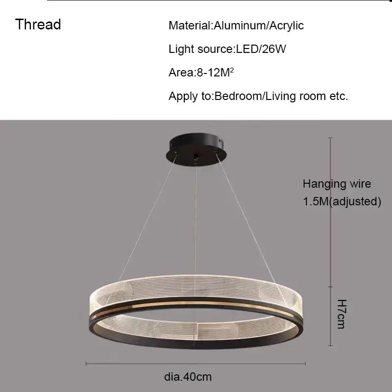 Modern black gold led pendant light with sleek circular aluminum and acrylic ring design for dining room use