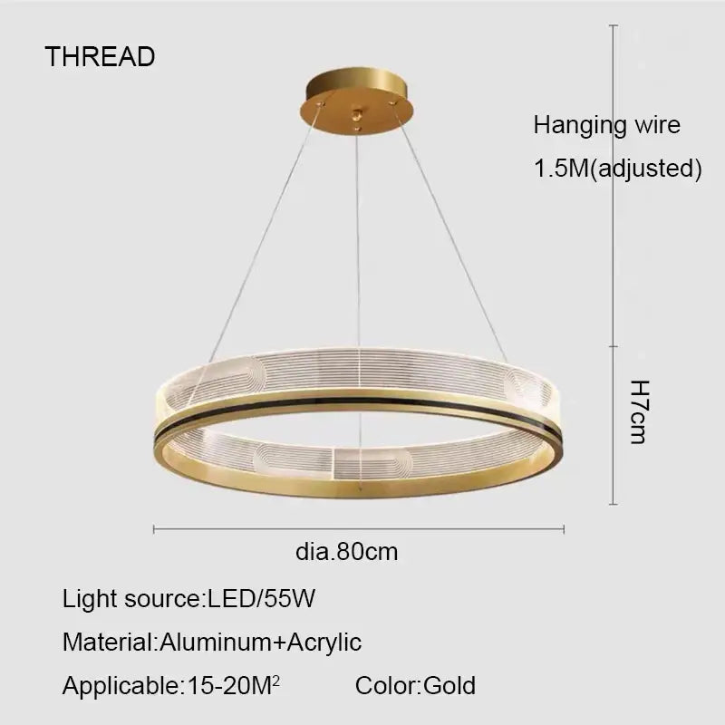 Gold led pendant light with modern black gold led circular design made of aluminum and acrylic for dining room use