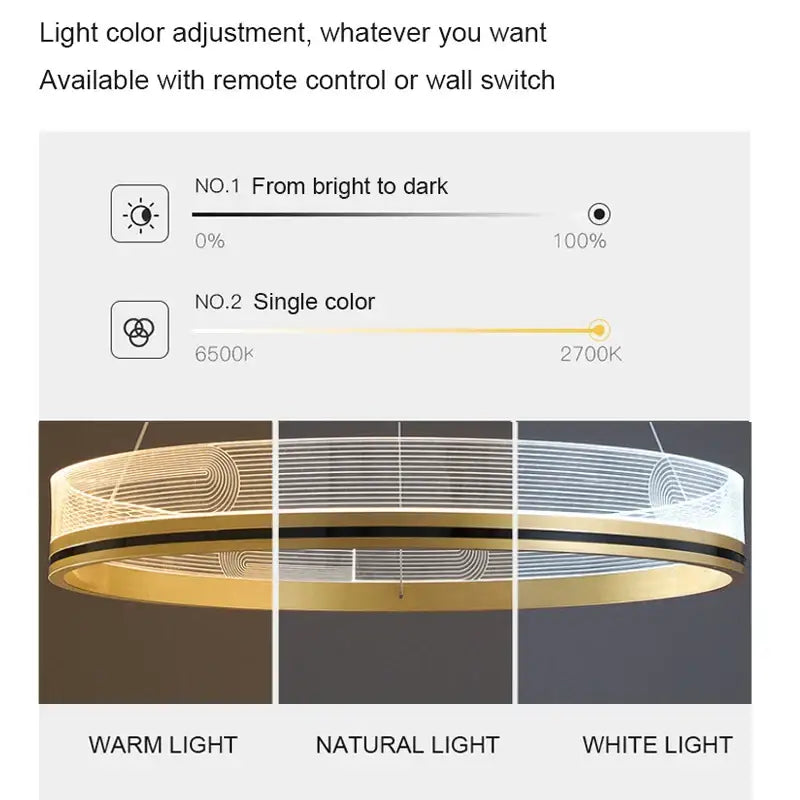 Modern black gold led pendant light with gold-toned circular wireframe and adjustable warm to cool white led lighting for dining room