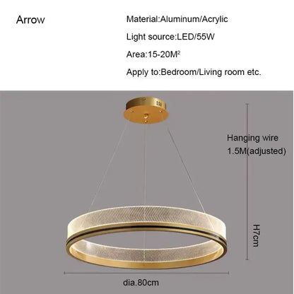 Gold-toned circular pendant light with aluminum acrylic ring in modern black gold led design for dining room use