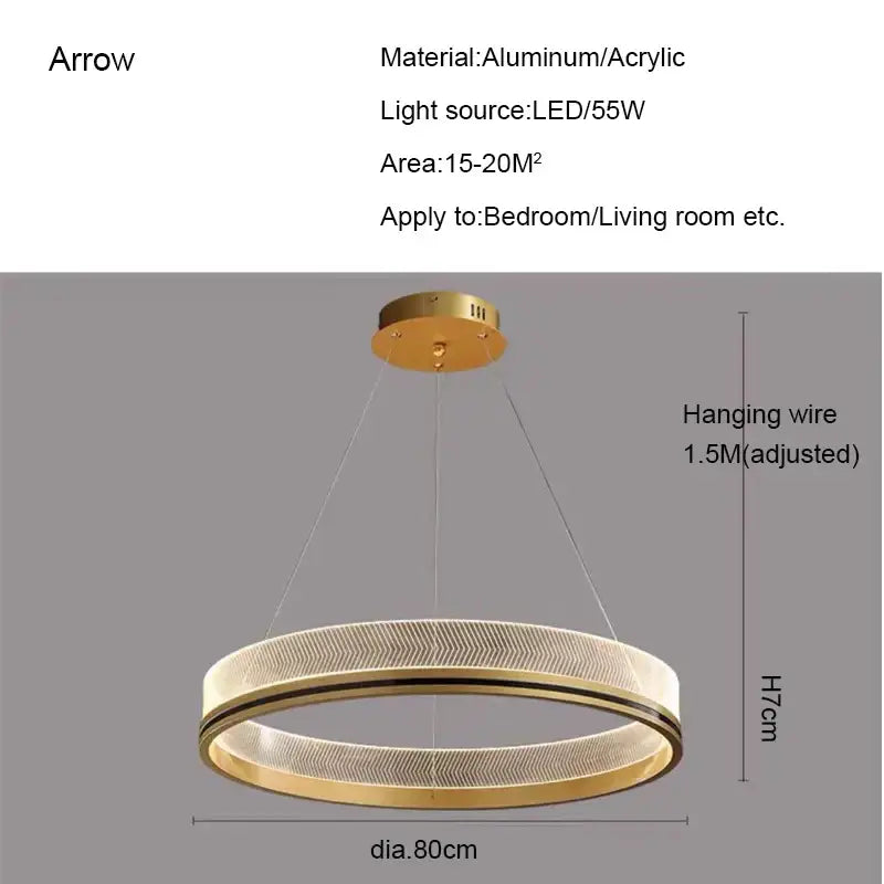 Gold-toned circular pendant light with aluminum acrylic ring in modern black gold led design for dining room use