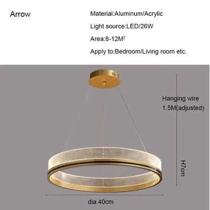 Gold-toned circular pendant light with black gold led, aluminum and acrylic in modern mesh design for dining room