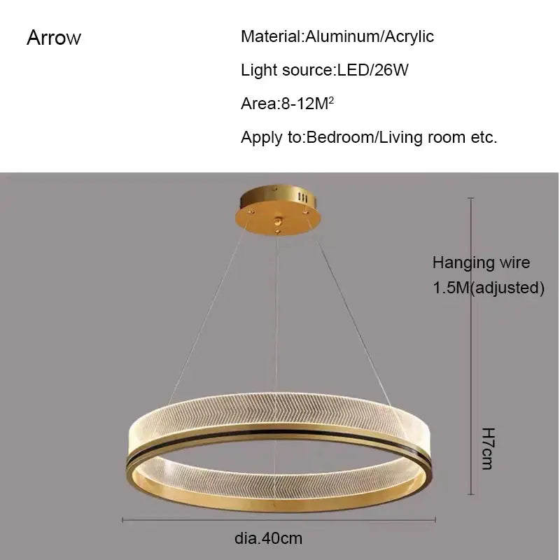 Gold-toned circular pendant light with black gold led, aluminum and acrylic in modern mesh design for dining room