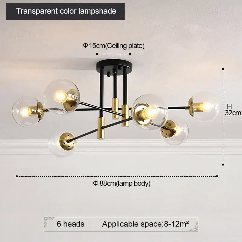 Modern black and gold led round ball chandelier with six clear glass globes and metal arms for dining room lighting