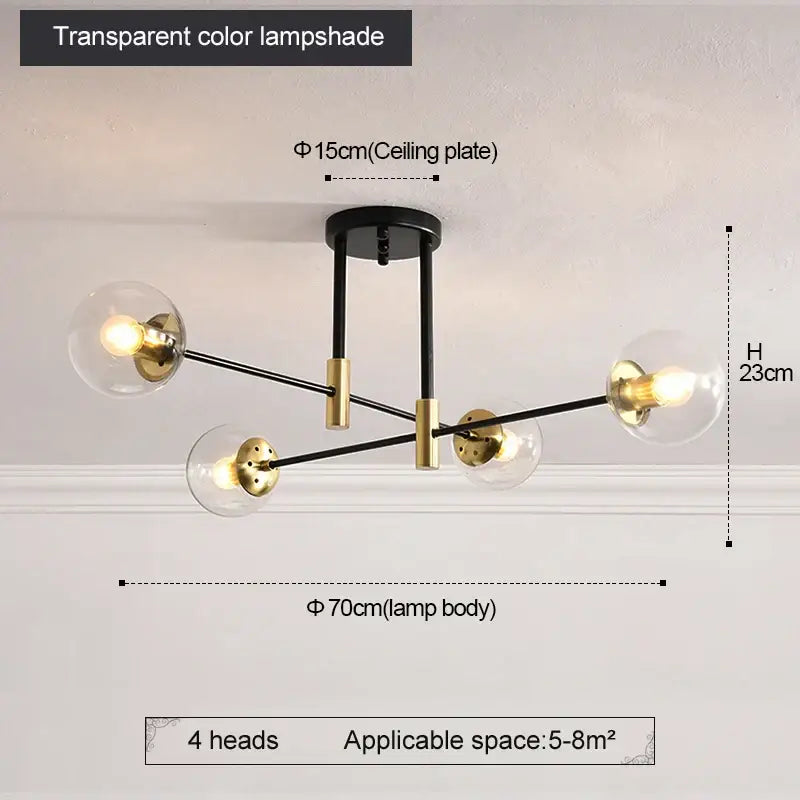 Modern black and gold led round ball chandelier with four transparent glass lampshades for dining room lighting