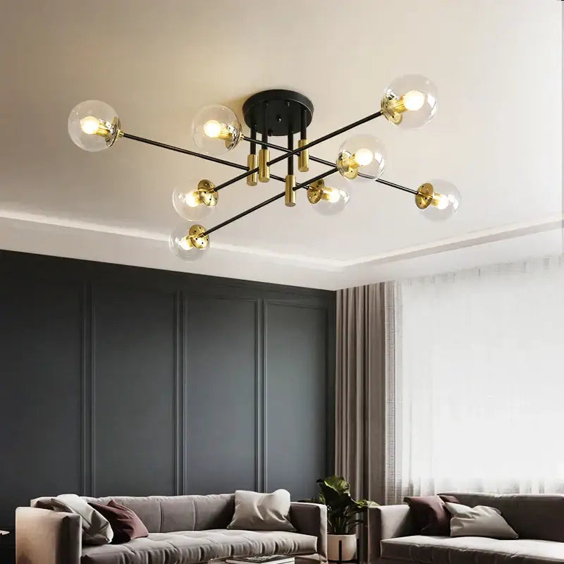 Modern black and gold led round ball chandelier with clear glass globe bulbs for dining room lighting