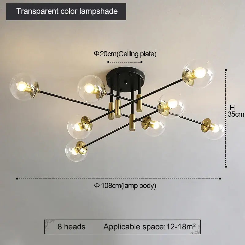 Modern black and gold led round ball chandelier with eight clear glass globe shades for dining room lighting