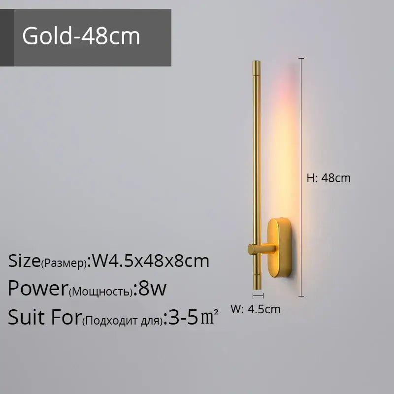 Gold-finished modern black and gold led strip wall lamp with sleek minimalist design and elongated vertical arm for bedroom decorbites led strip