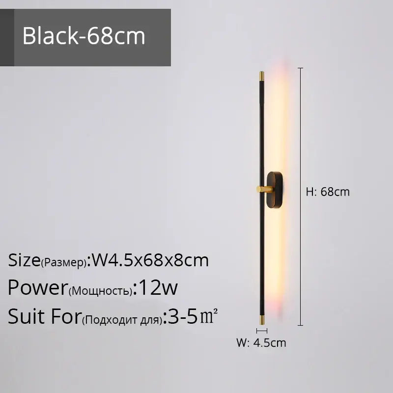 Modern black and gold led strip wall lamp with sleek vertical bar emitting warm light for minimalist bedroom decorbites wall lamp
