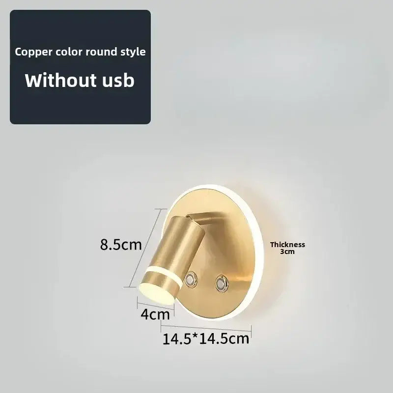 Copper-colored round wall lamp with adjustable head modern black and gold led usb reading wall light for bedroom