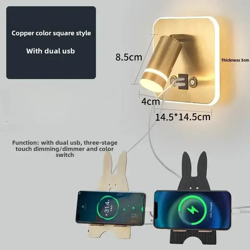 Modern black and gold copper wall lamp with led usb reading ports and touch dimming for bedroom lighting