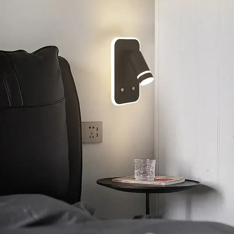 Modern black and gold led usb reading wall lamp with a sleek rectangular base and adjustable spotlight for bedroom use
