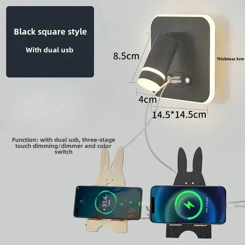 Modern black and gold led usb reading wall lamp with dual usb ports and sleek square style for bedroom lighting