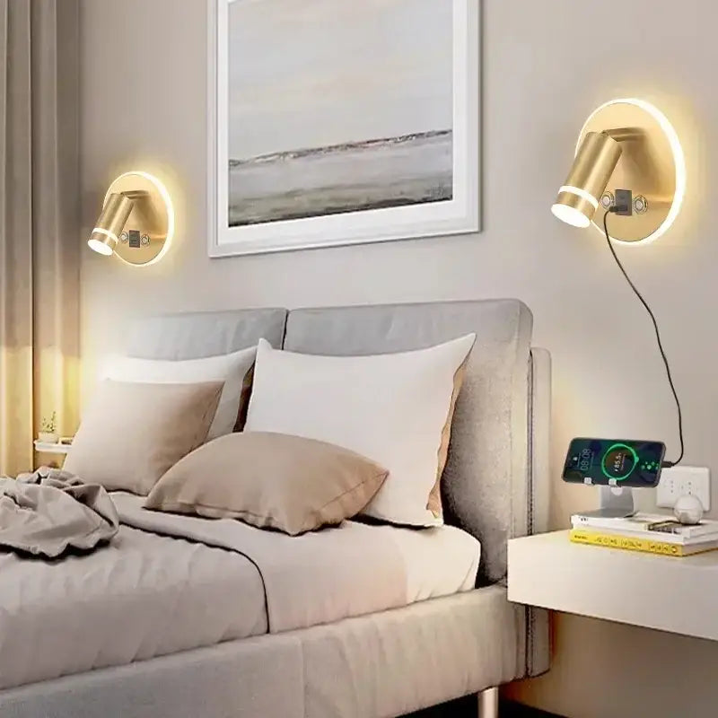 Modern black and gold wall lamp with gold-toned circular design led usb reading wall light for bedroom use