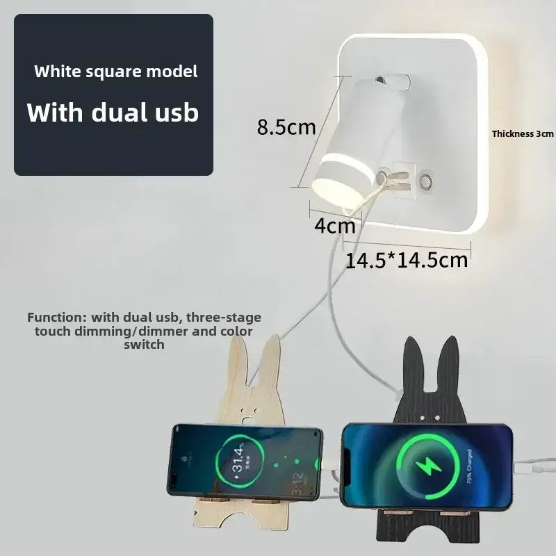 Modern black and gold led usb reading wall lamp with white square wall mount dual usb ports and touch dimming functionality