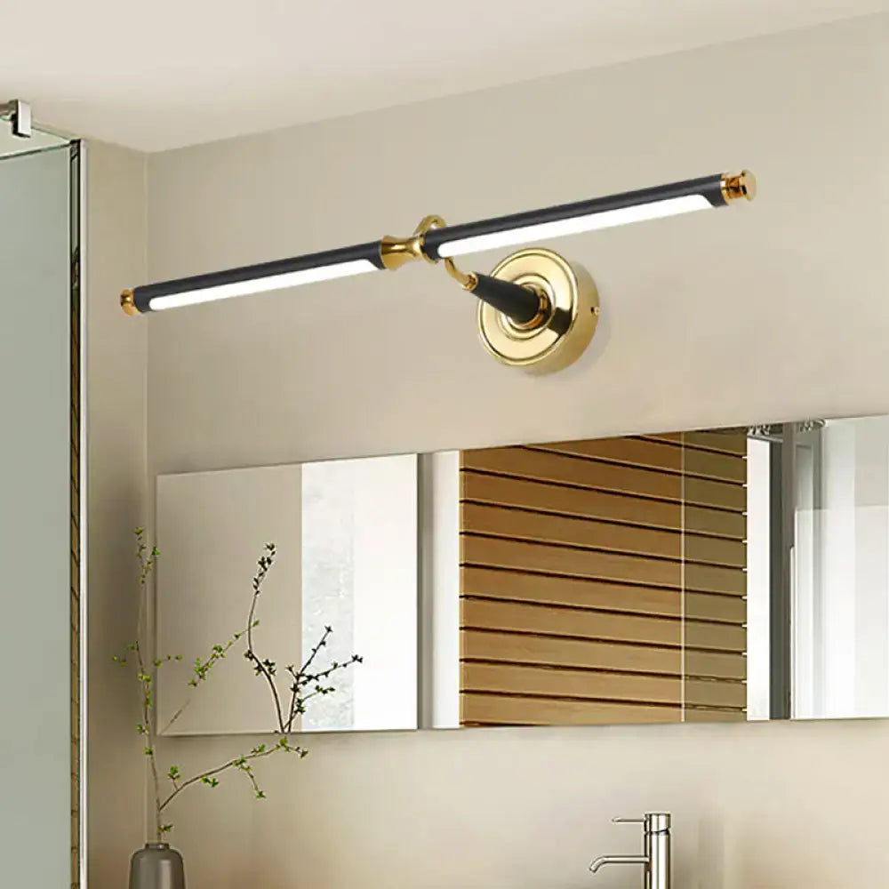 Modern black and gold led vanity wall light with gold-toned adjustable arm and sleek black bar wall light for bathroom