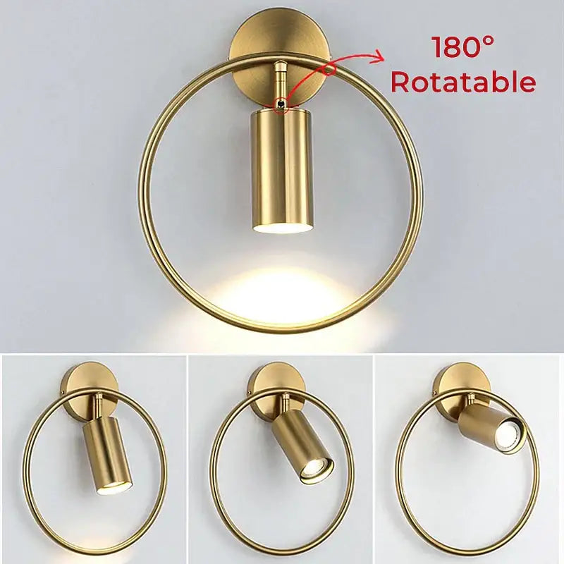 Gold-finished 180° rotatable led wall lamp with sleek circular ring design for modern bedroom lighting