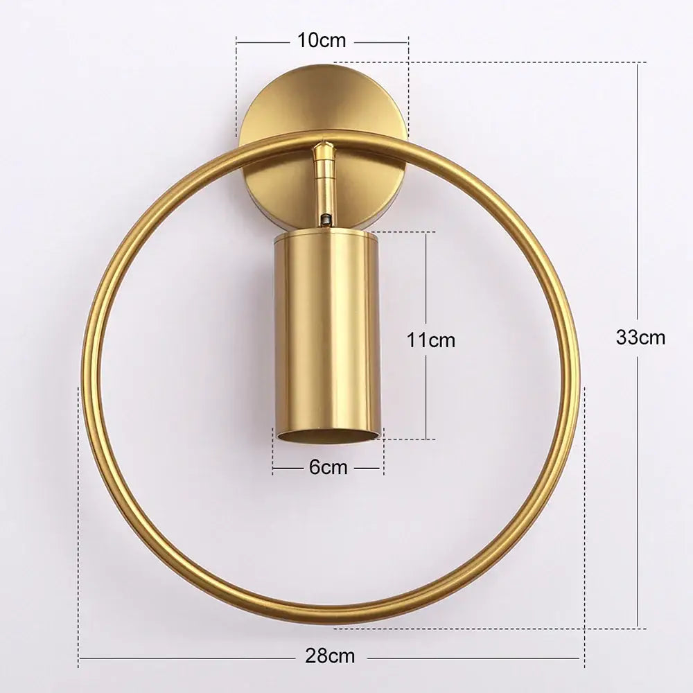 Gold-finished modern led wall lamp with circular ring and cylindrical housing for living room and bedroom use