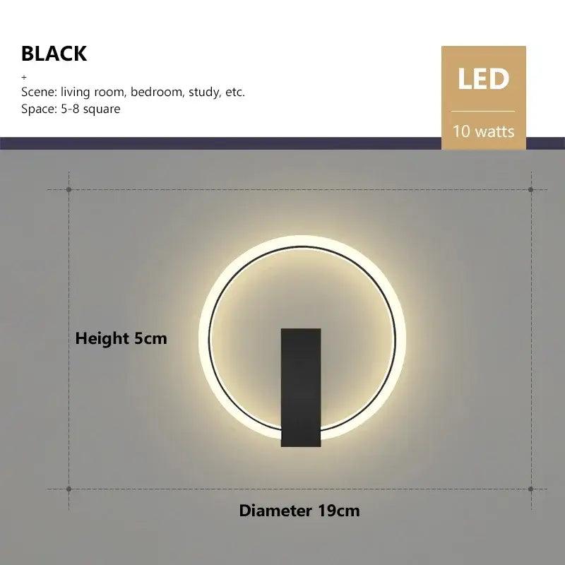 Modern black and gold led wall lamp with 19cm diameter illuminated ring design for living room wall lamp lighting