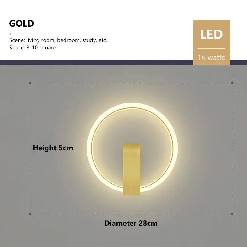 Gold circular led wall lamp with 28cm diameter and illuminated ring design for modern living room decor
