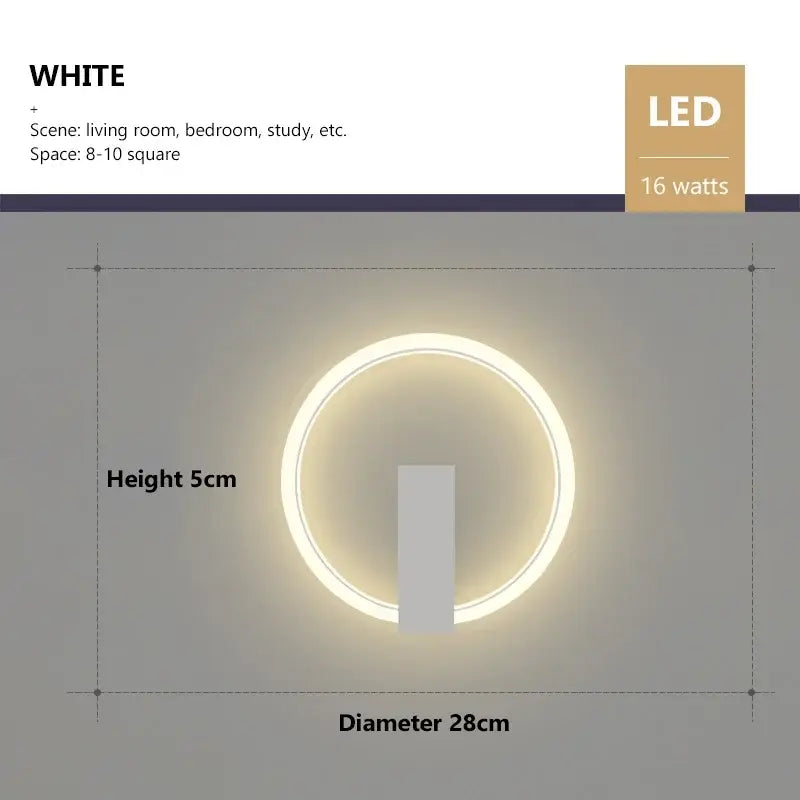 Modern black and gold led wall lamp with white circular led wall sconce emitting warm light for living room