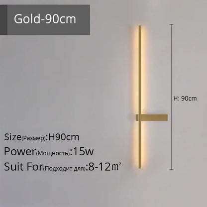 Gold-colored 90cm tall modern led wall lamp with sleek vertical bar and horizontal accent for minimalist living room use